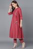  Women Red Poly Silk Embroidered Kurta Trousers With Dupatta