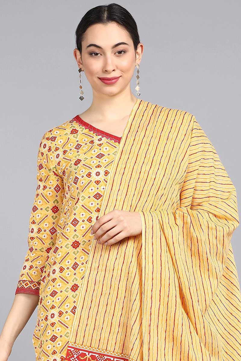  Women Yellow Pink Ethnic Motifs Printed Pure Cotton Kurta With Trousers Dupatta Set