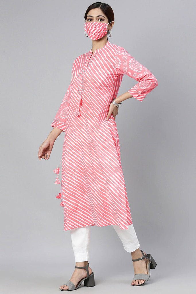  Women Pink Leheriya Printed Kurta