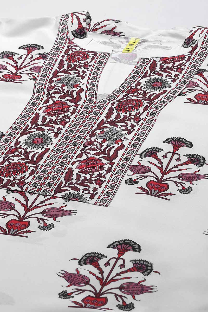  Women White Maroon Ethnic Printed Regular Kurta with Trousers With Dupatta