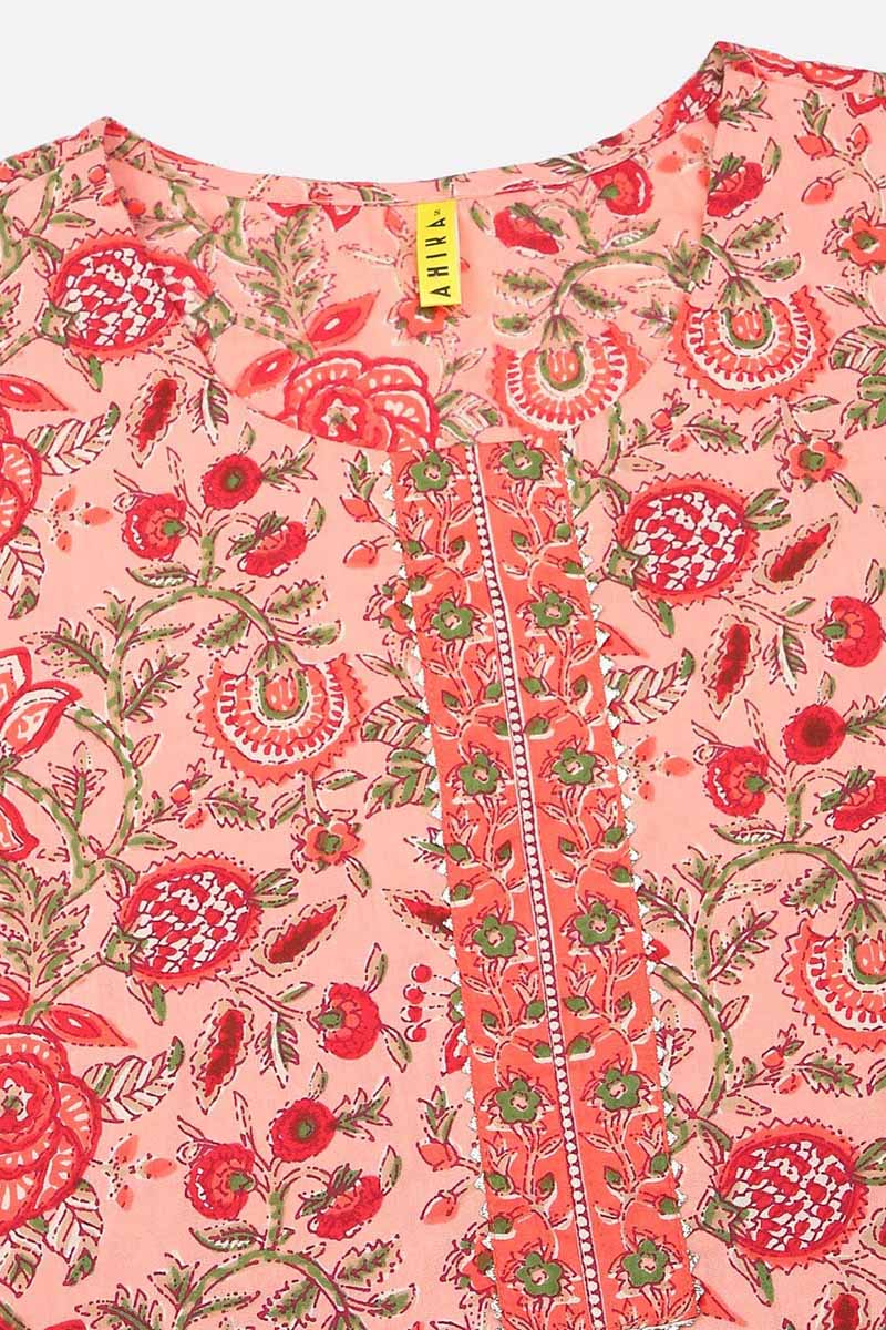  Women Peach Coloured Ethnic Motifs Printed Cotton Kurta with Trousers Dupatta Set