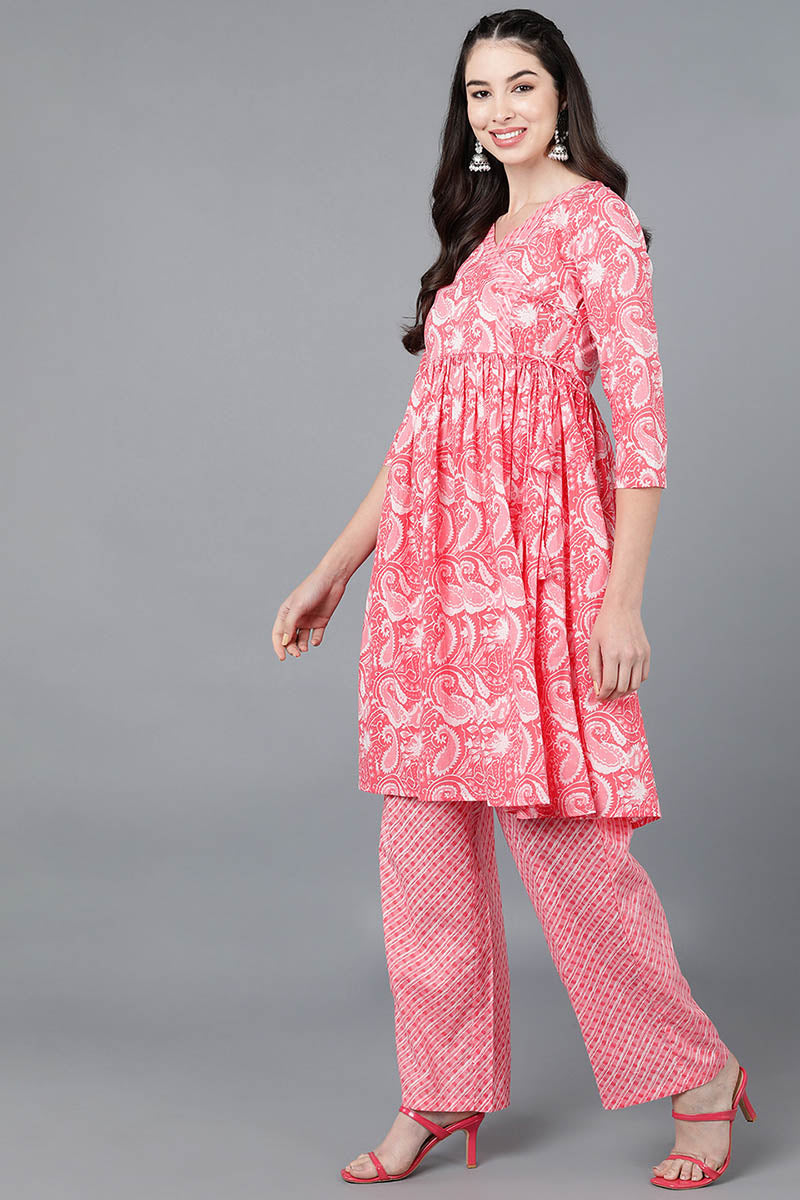  Women Pink Pure Cotton Printed Kurta Trousers