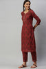   Cotton Maroon Ethnic Motifs Printed Straight Kurta Palazzo Set