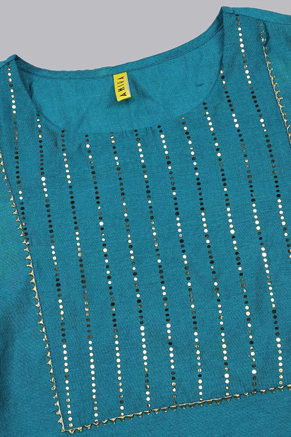  Women Teal Layered Kurta with Trousers With Dupatta Set