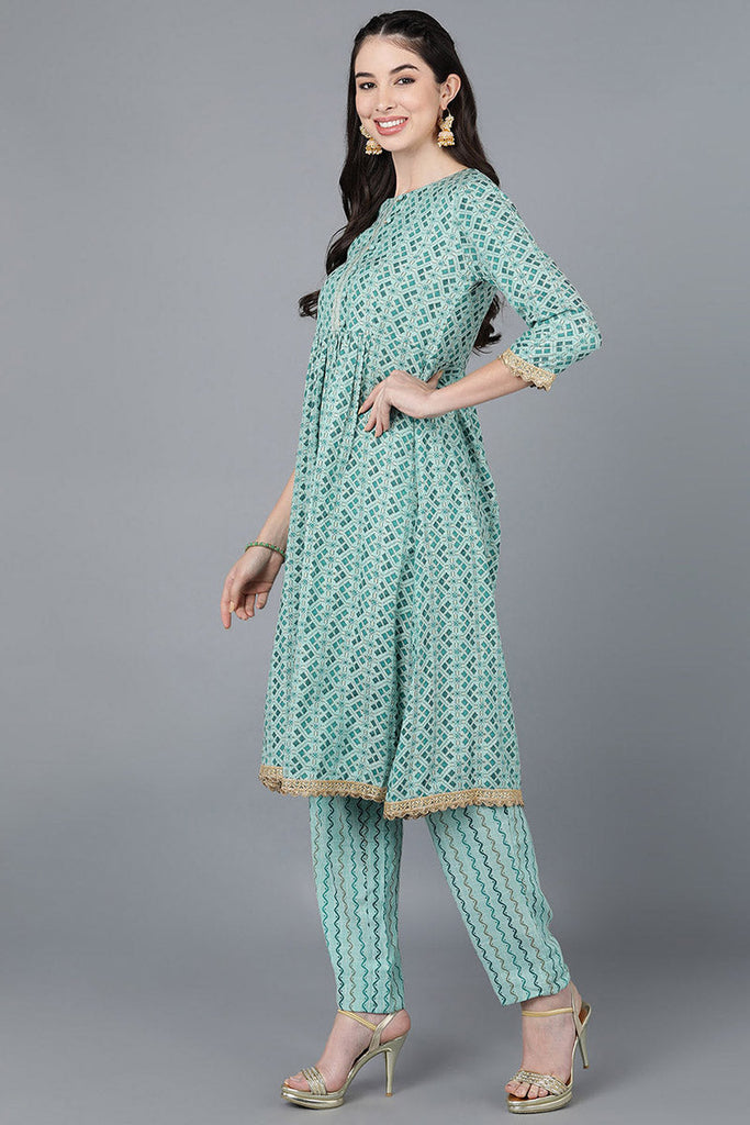  Women Sea Green Cotton Blend Printed Kurta Trousers With Dupatta 