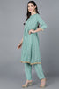  Women Sea Green Cotton Blend Printed Kurta Trousers With Dupatta 