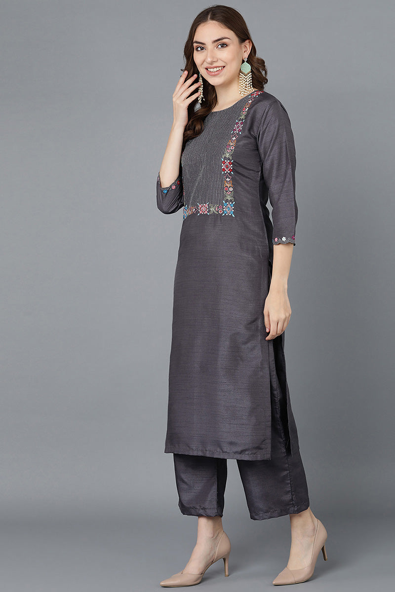 Grey Poly Silk Embroidered Kurta Trousers With Dupatta 