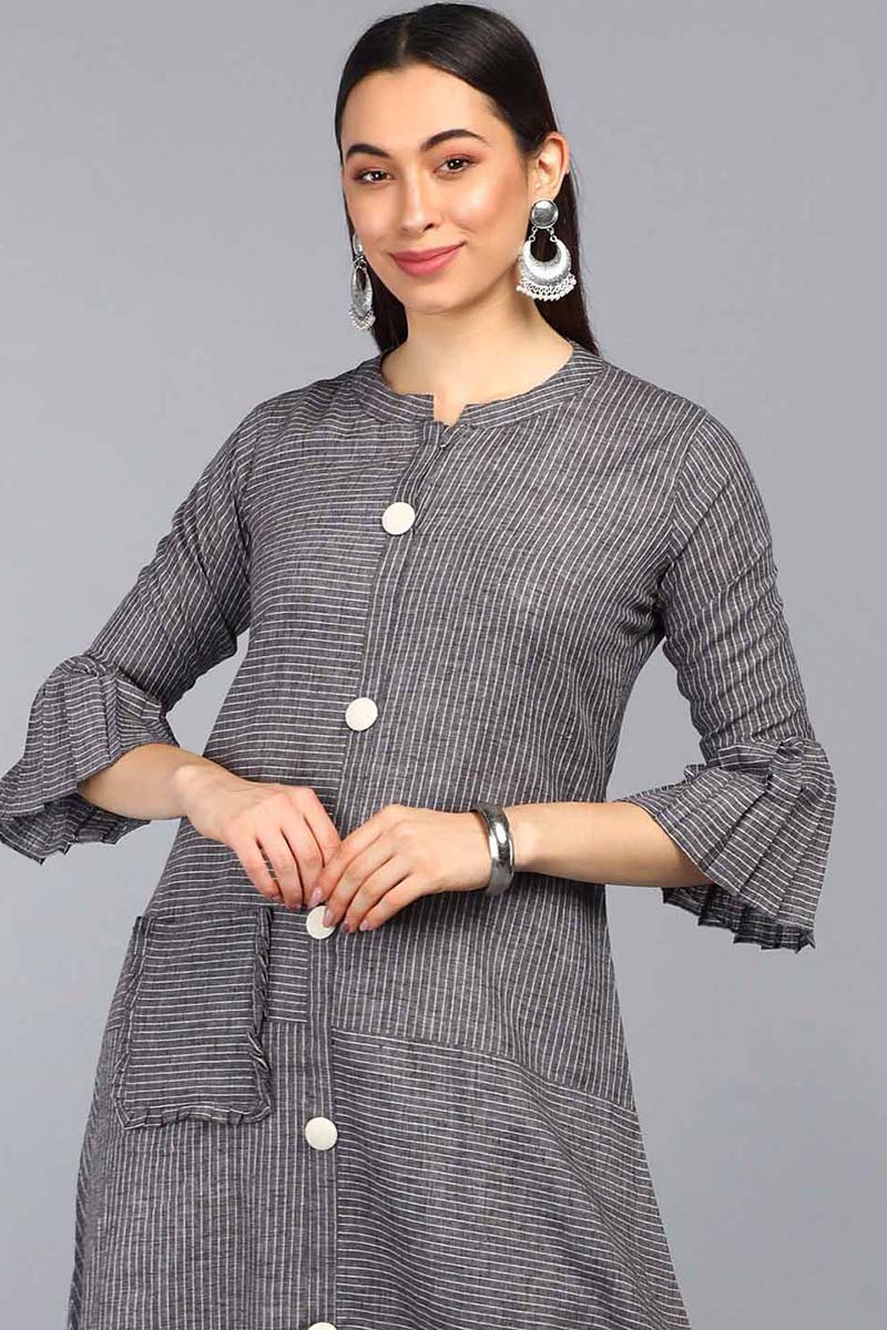   Charcoal Grey & White Striped A Line Kurta