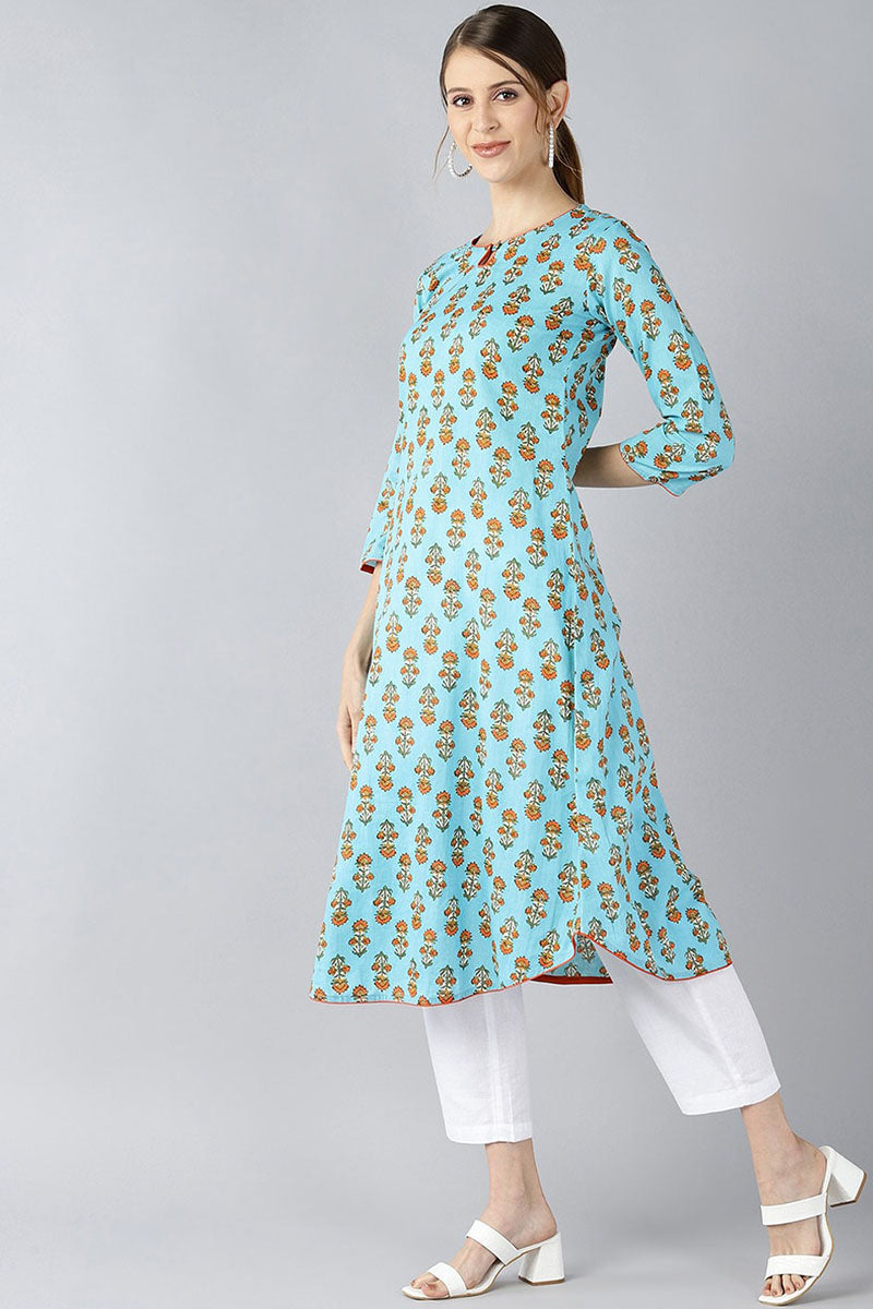   Occasion Wear Blue Printed Cotton Kurti