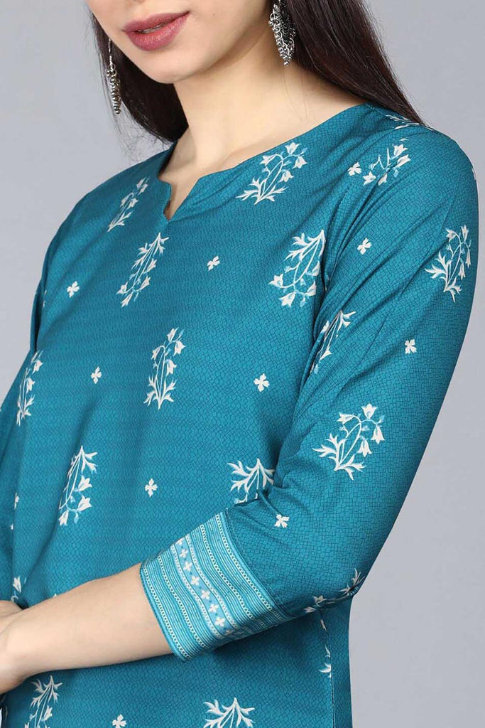 Teal Blue Poly Crepe Ethnic Motifs Straight Suit Set PKSKD1091