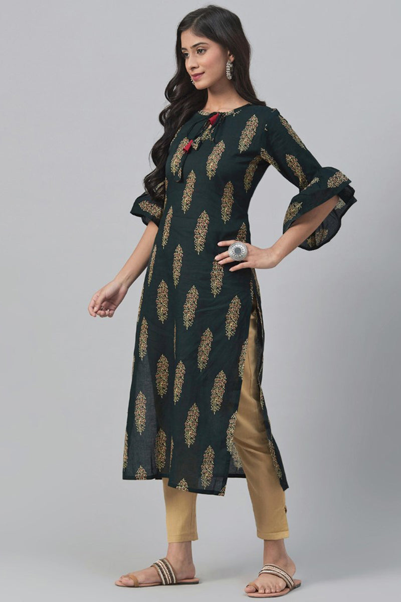   Green And Beige Printed Straight Kurta