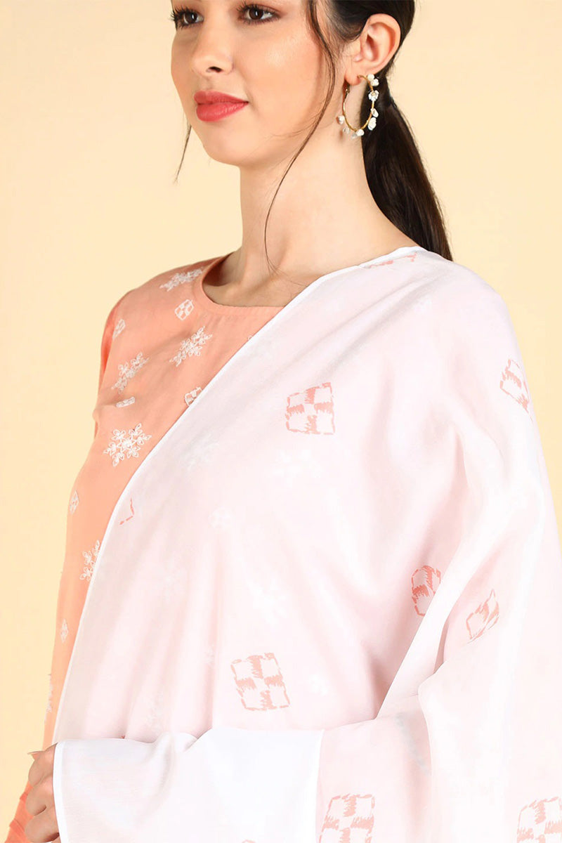  Women Peach Embroidered Kurta Trousers With Dupatta 