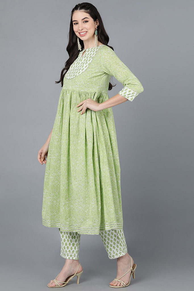  Women Green Pure Cotton Printed Kurta Trousers With Dupatta 