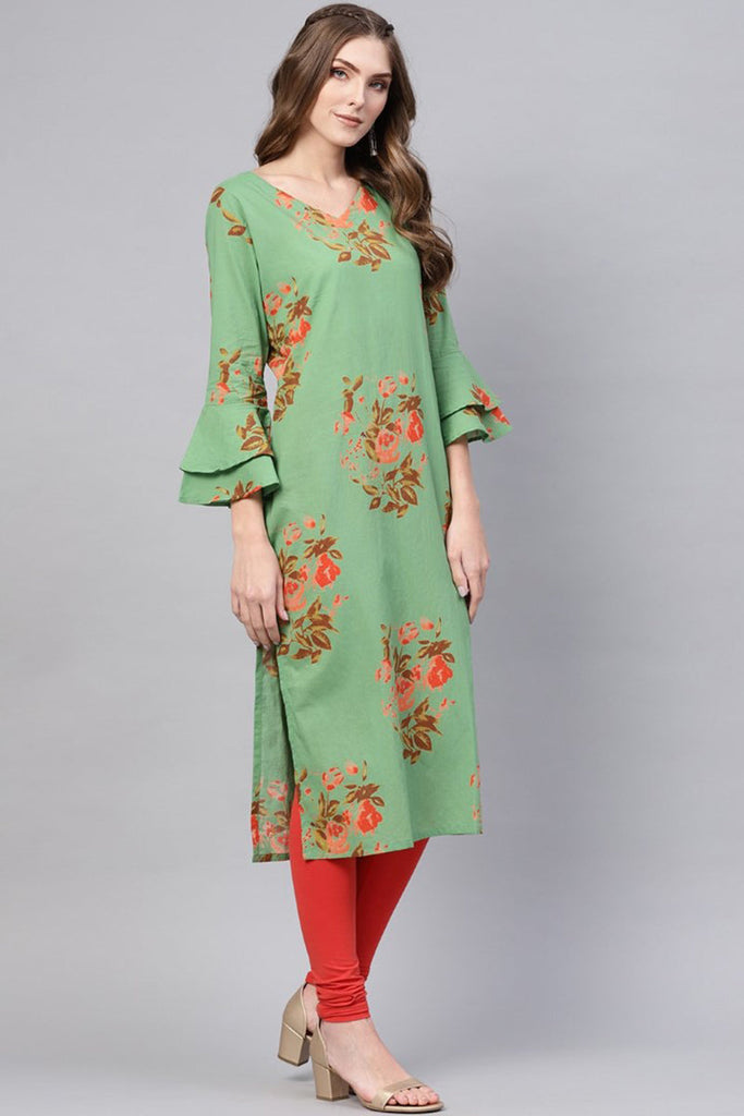   Regular Wear Cotton Fabric Printed Sea Green Color Simple Kurti