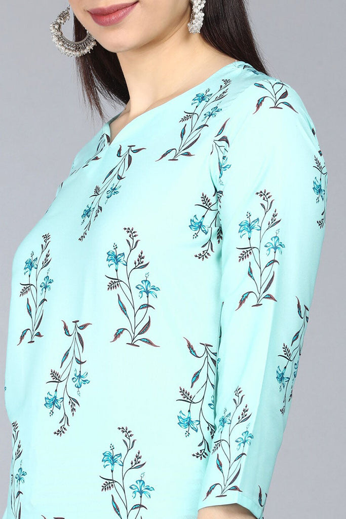  Women Turquoise Blue Floral Printed Kurta with Trousers Dupatta 