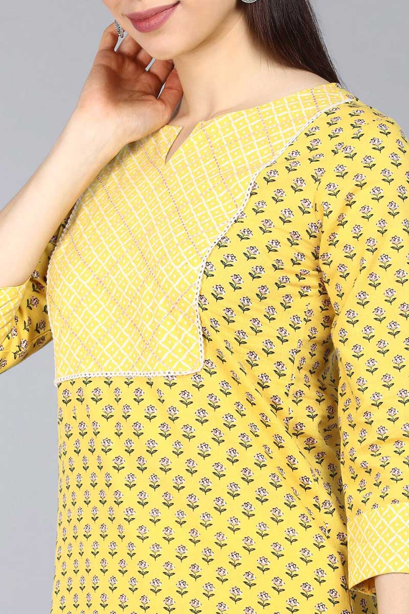  Women Yellow Ethnic Motifs Printed Pure Cotton Kurta Set With Dupatta