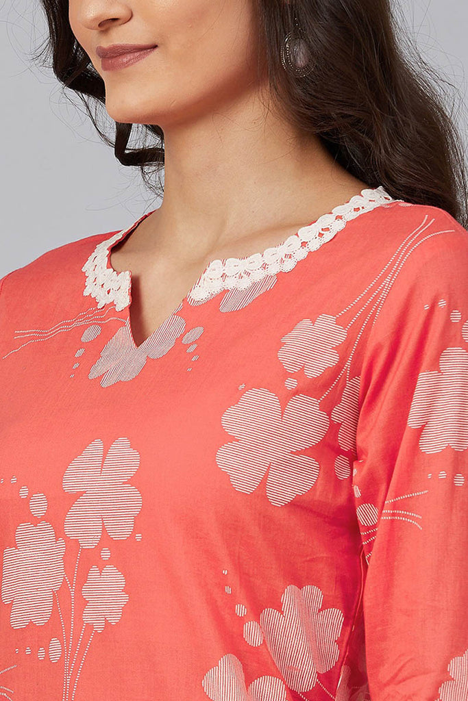   Coral Red & White Printed Straight Kurta