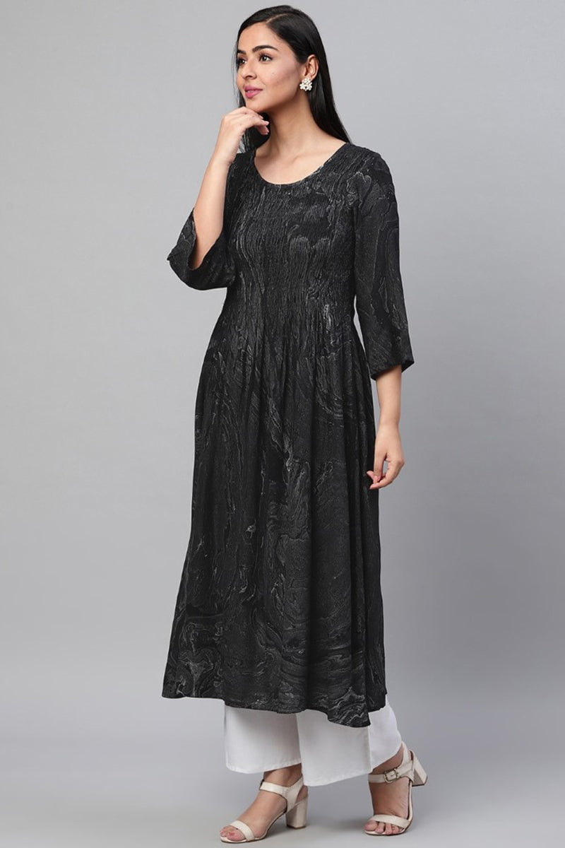   Black Abstract Printed Gathered A Line Kurta