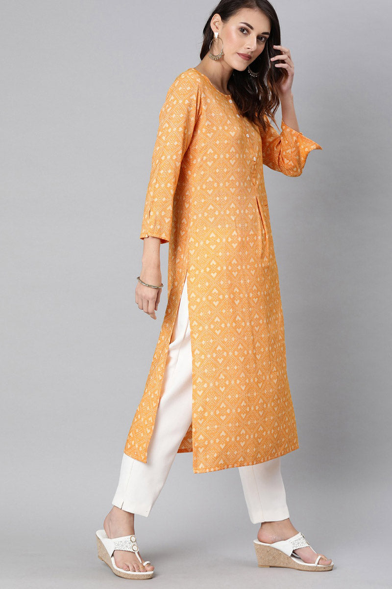   Orange And White Cotton Printed Straight Kurta