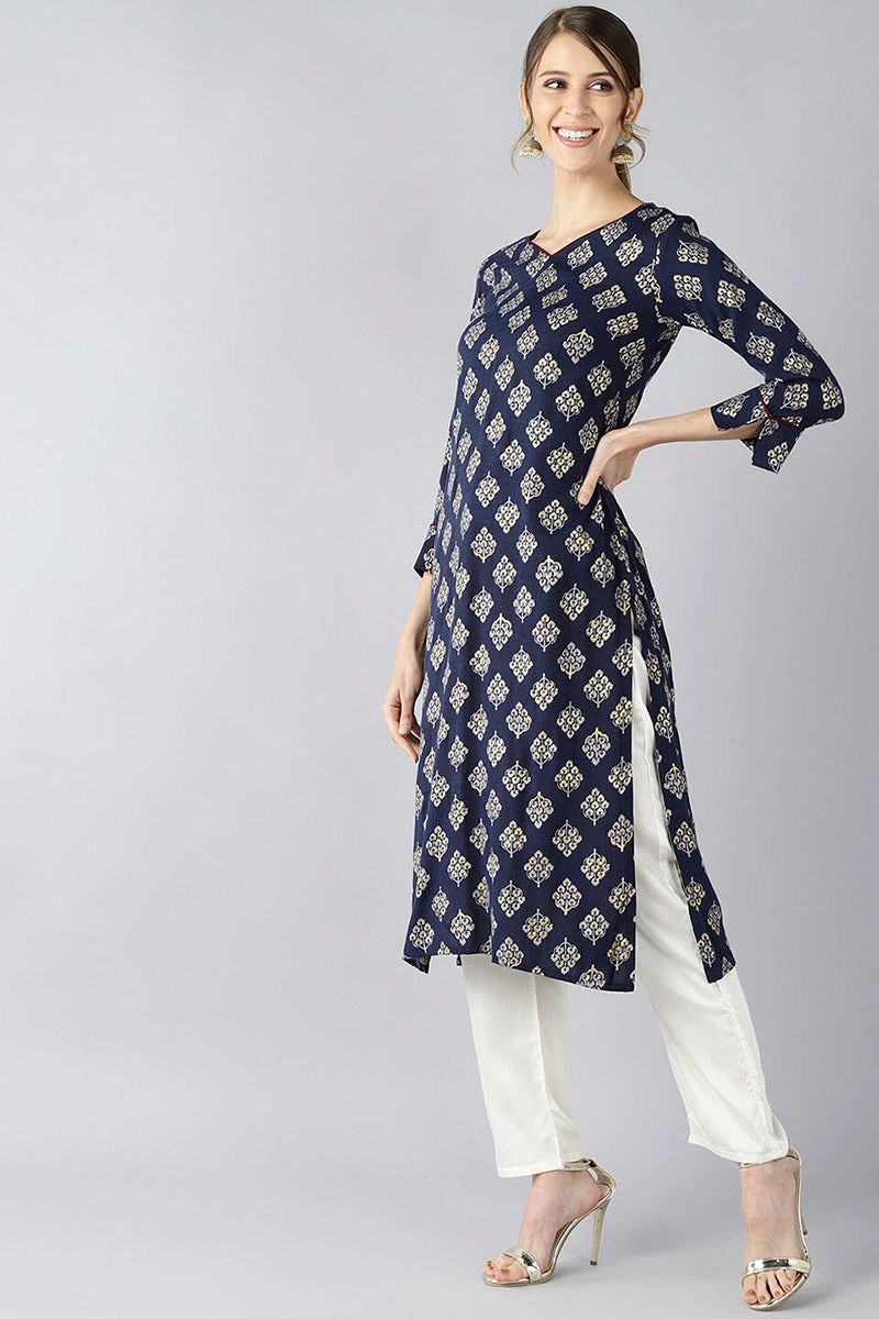   Navy Blue And Gold Toned Floral Printed Straight Kurta