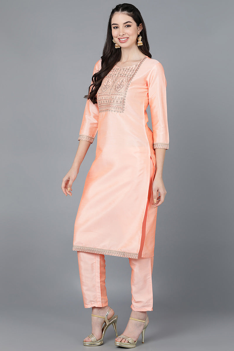  Women Peach Poly Silk Embroidered Kurta Trousers With Dupatta