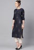   Navy Blue and Off-White color Printed Straight Kurta