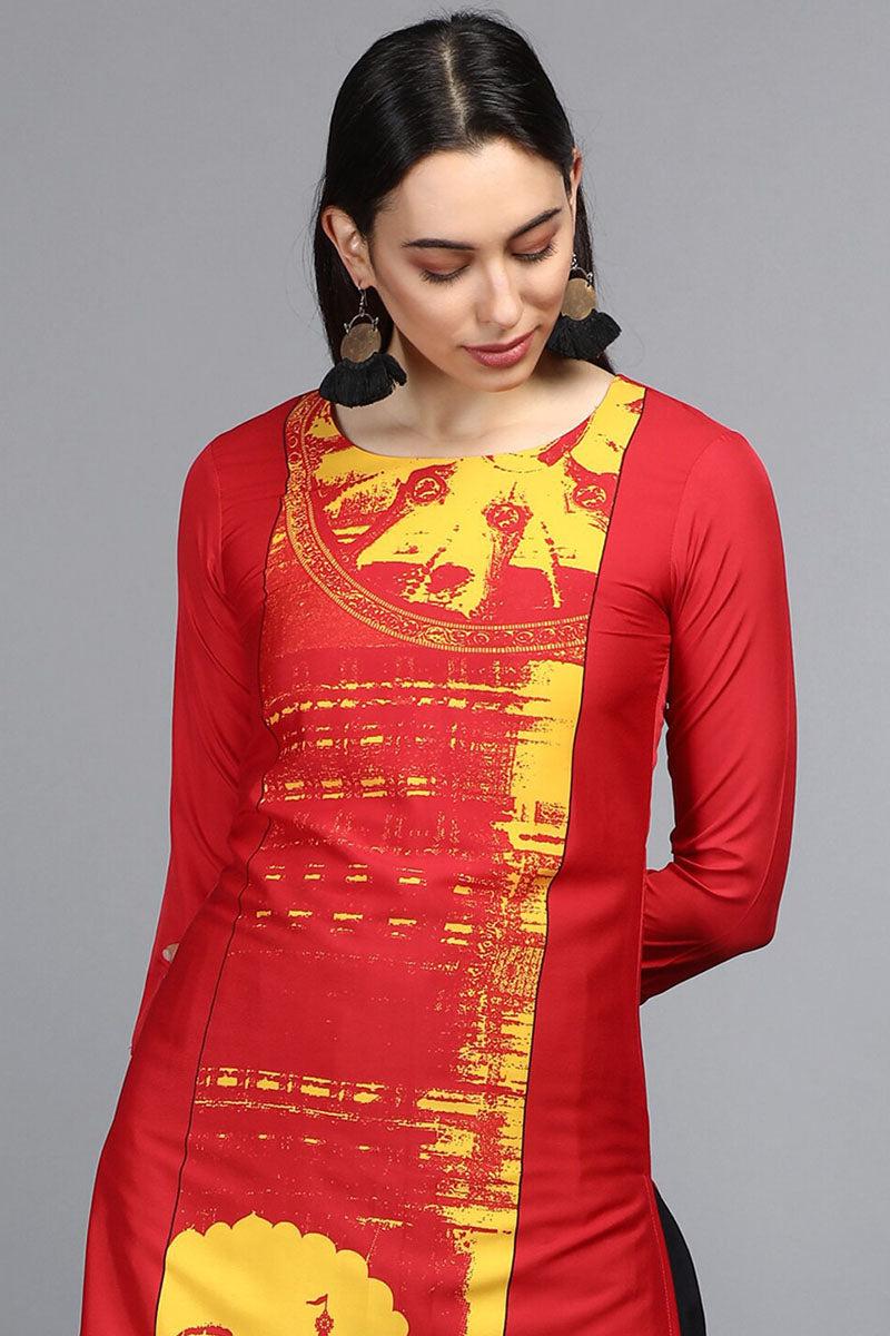  Women Regular Wear Red Color Crepe Fabric Printed Fancy Kurti