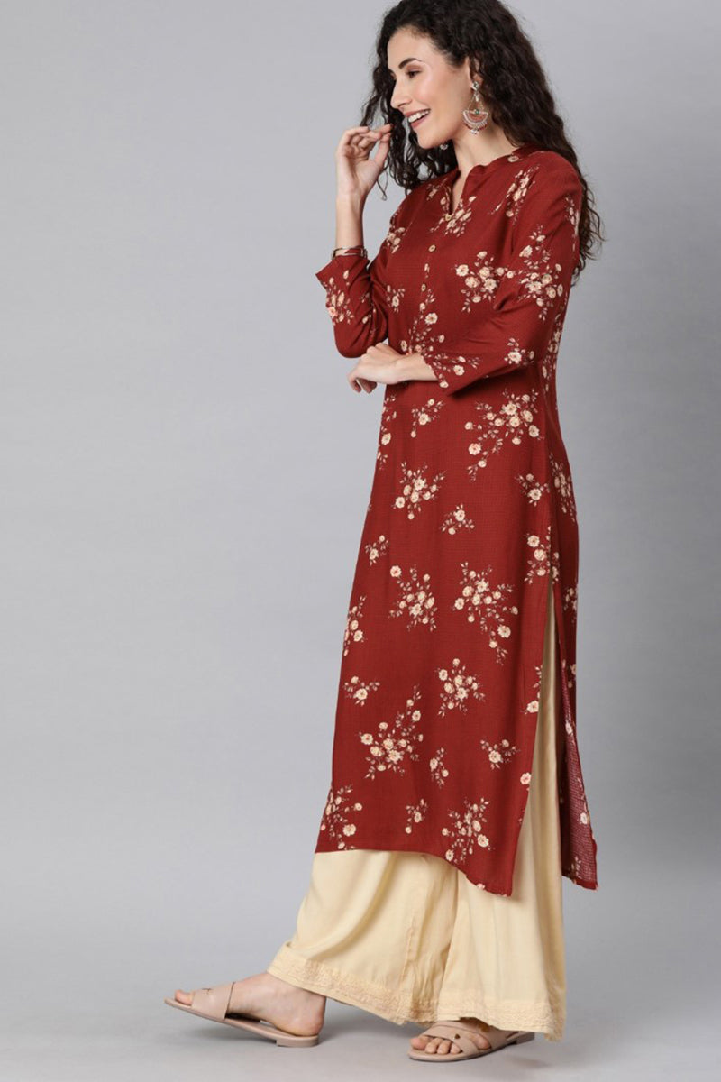   Maroon And Pink Printed Straight Kurta