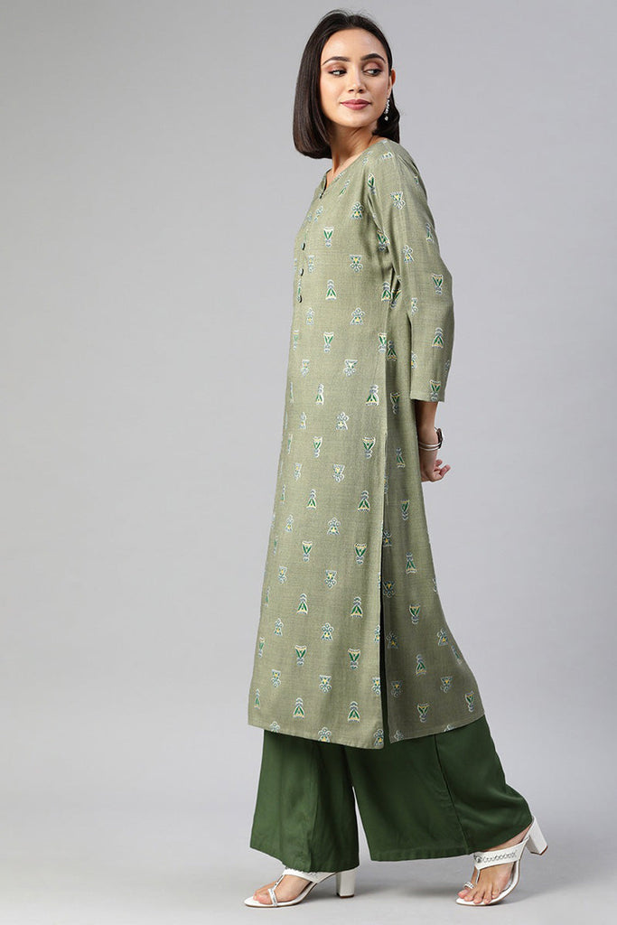   Grey And Teal Green Printed Straight Kurta