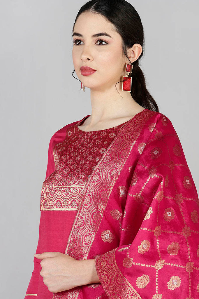  Women Red Yoke Design Kurta Trousers With Dupatta 