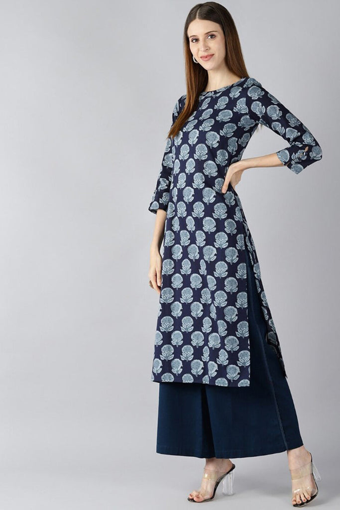   Navy Blue Floral Screen Printed Straight Kurta