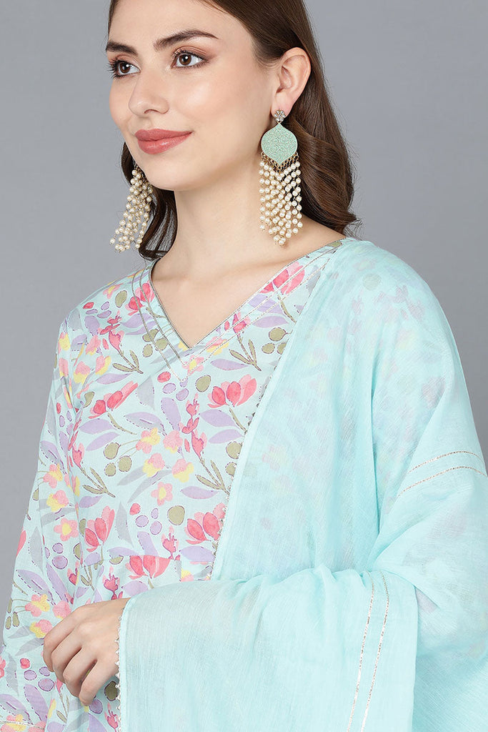  Women Turquoise Blue Pure Cotton Kurta Trousers With Dupatta