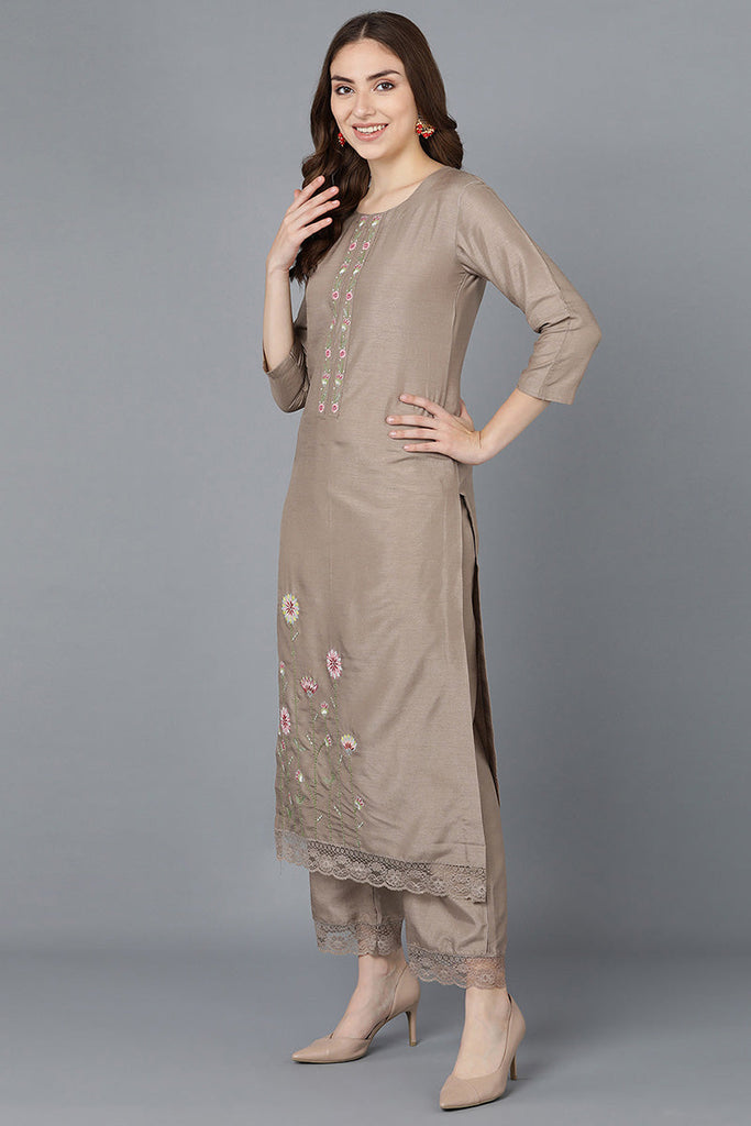  Women Nude Poly Silk Embroidered Kurta Trousers With Dupatta 