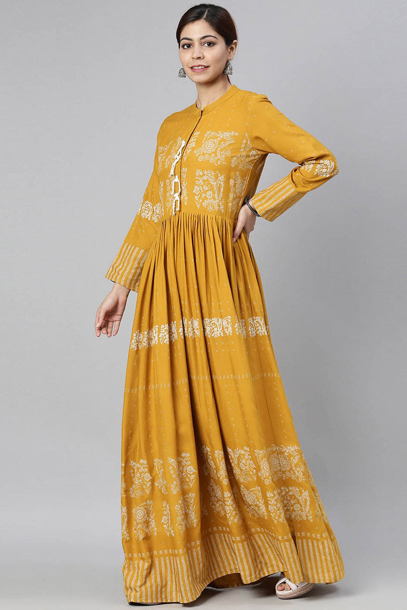  Women Mustard Yellow & White Floral Printed A Line Kurta