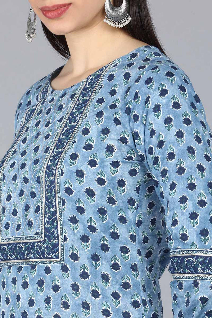  Women Blue Floral Printed Pure Cotton Kurta with Trousers  With Dupatta