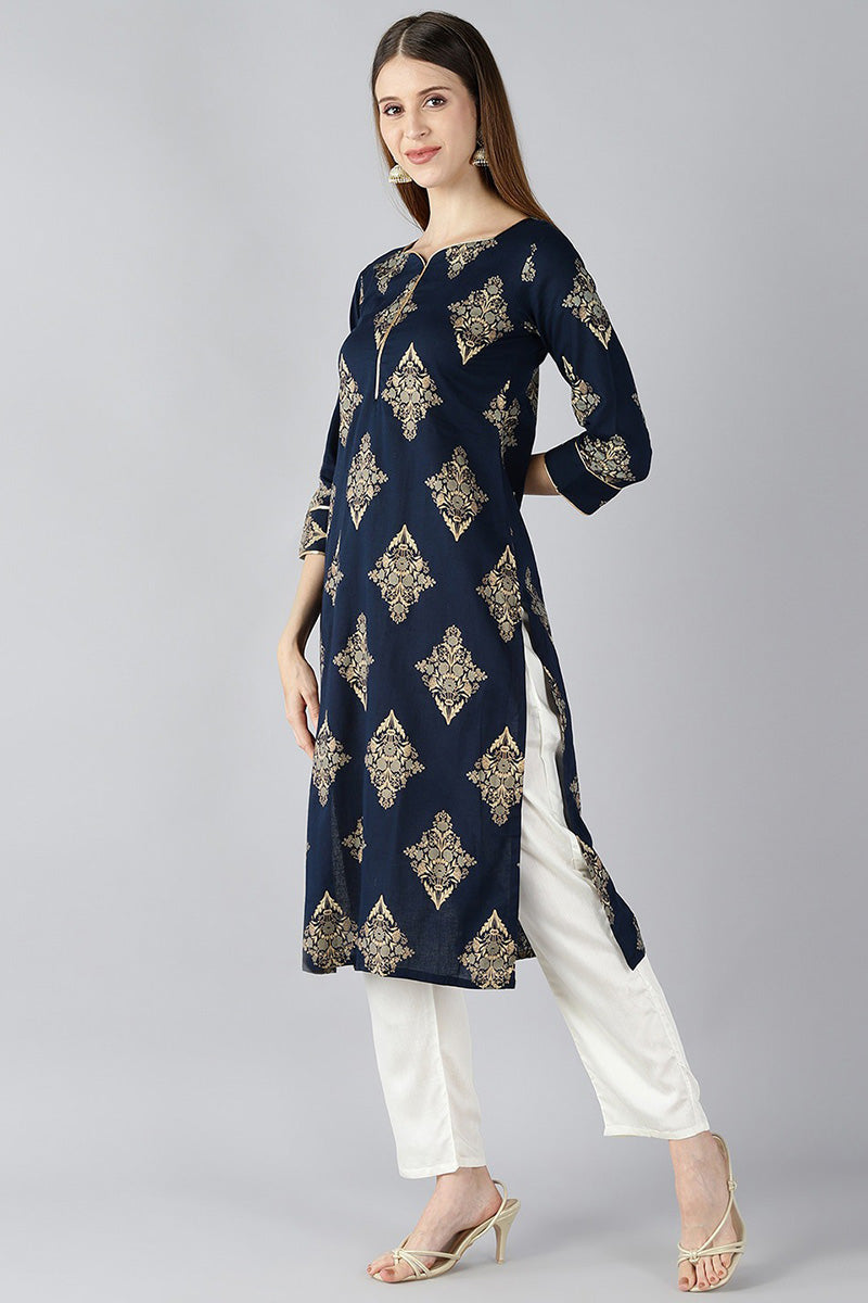   Navy Blue And Off White Floral Printed Cotton Straight Kurta