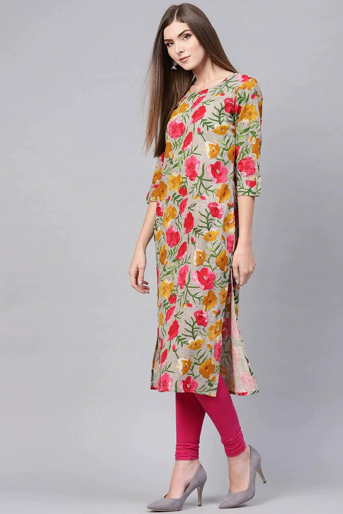   Printed Grey Cotton Fabric Kurti