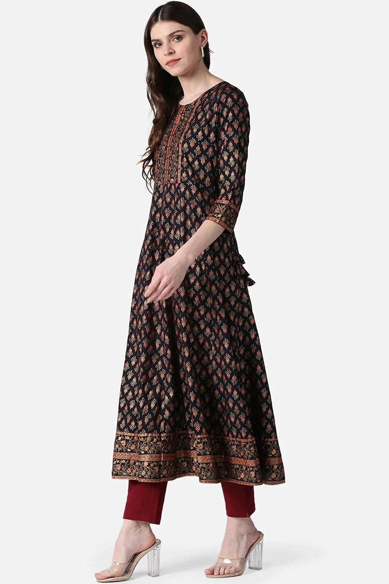  Women Black Gold Ethnic Motifs Printed Mirror Work Anarkali Kurta