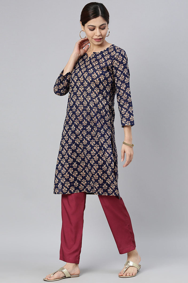  Women Navy Blue & Beige Ethnic Motifs Printed Kurta