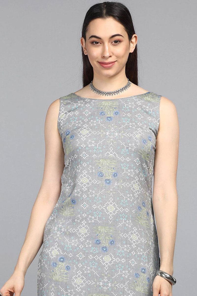  Women Grey Floral Embroidered Thread Work Kurta