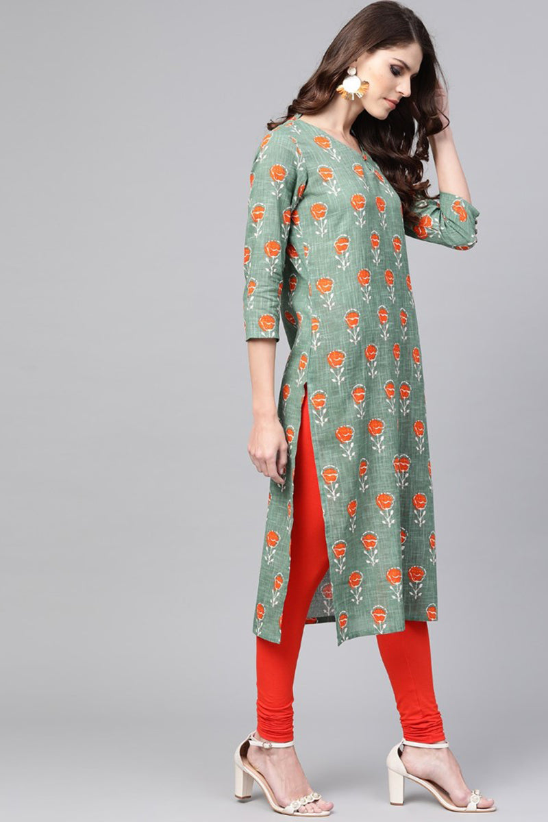   Casual Wear Cotton Fabric Sea Green Printed Trendy Kurti