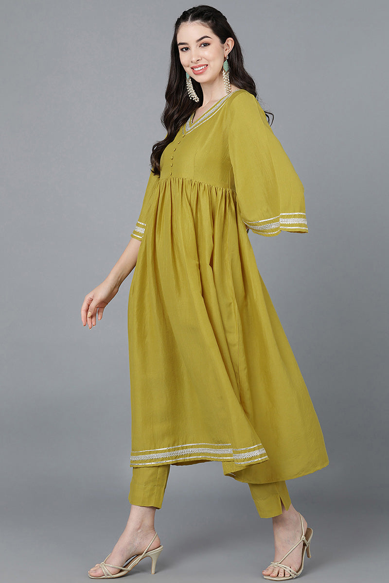  Women Yellow Poly Silk Embroidered Kurta Trousers With Dupatta 