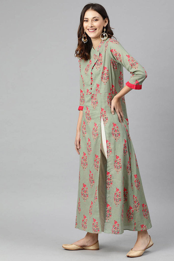   Green And Red Printed A Line Kurta