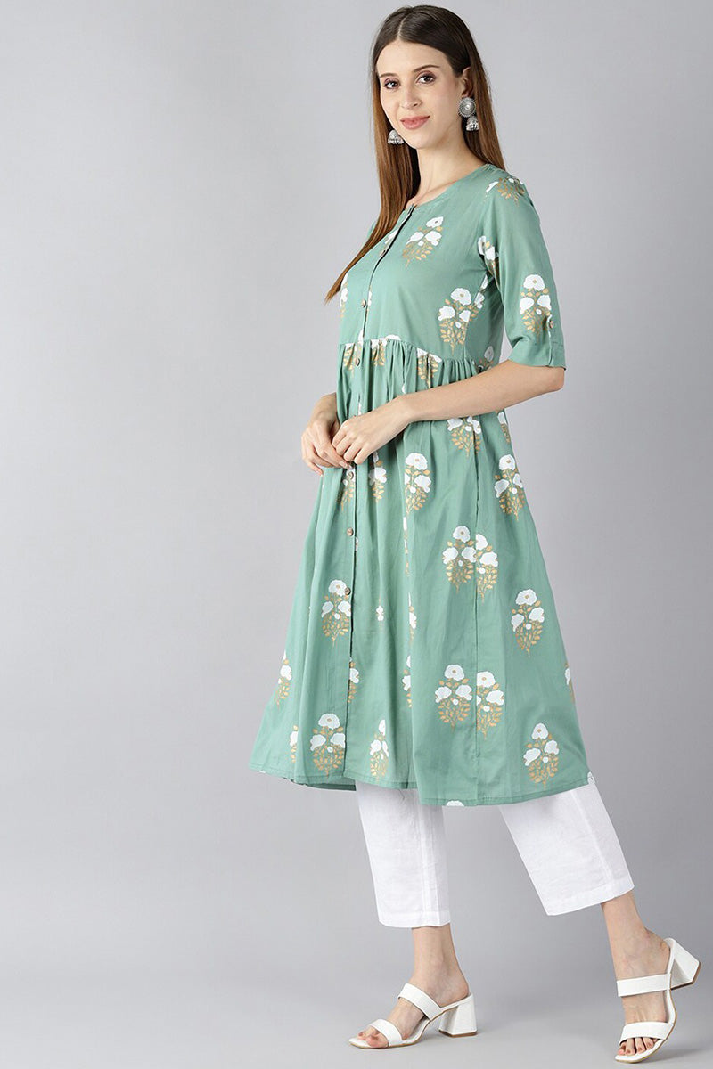   Cotton Green Floral Printed A Line Kurti