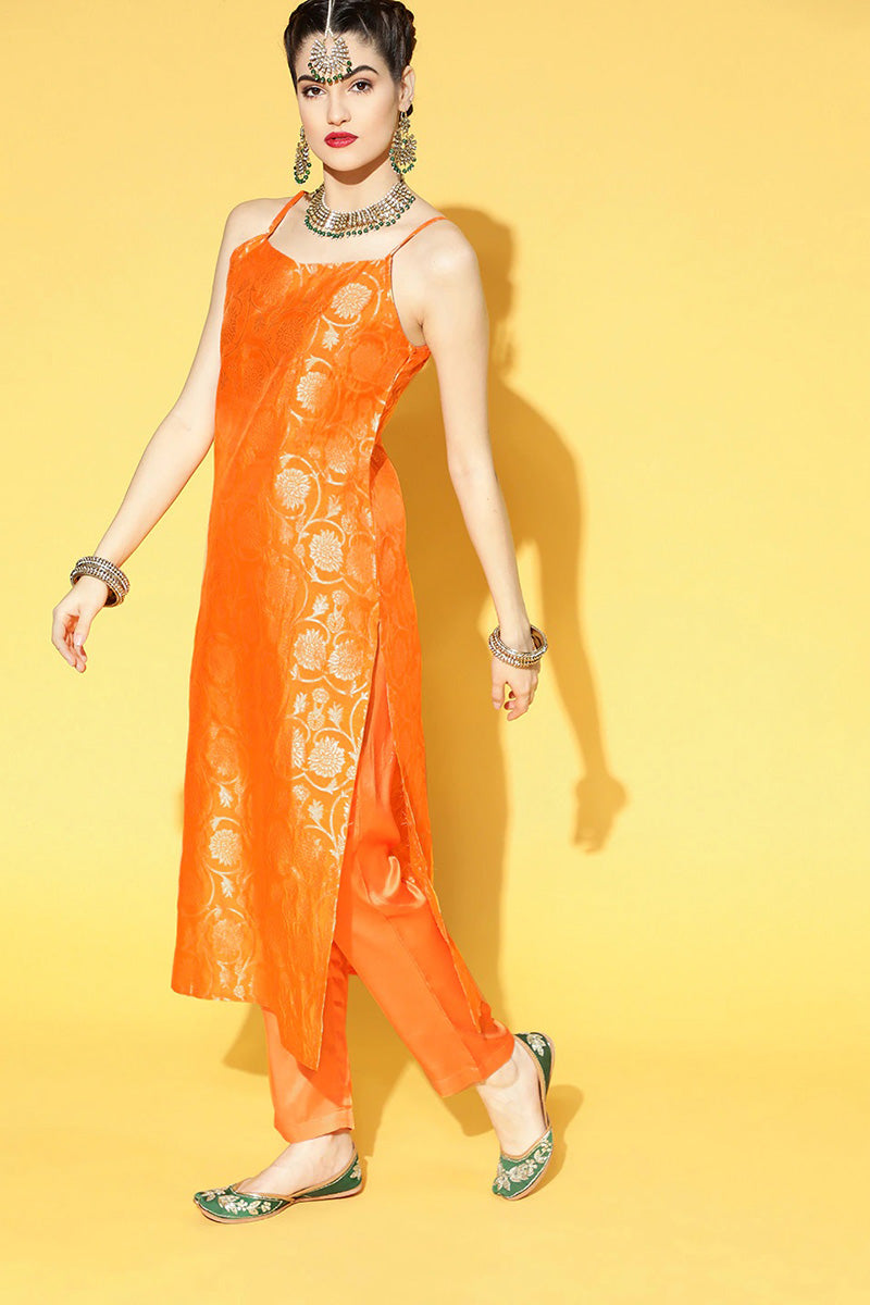  Women Orange Floral Woven Design Pure Cotton Kurta with Trousers With Dupatta Set