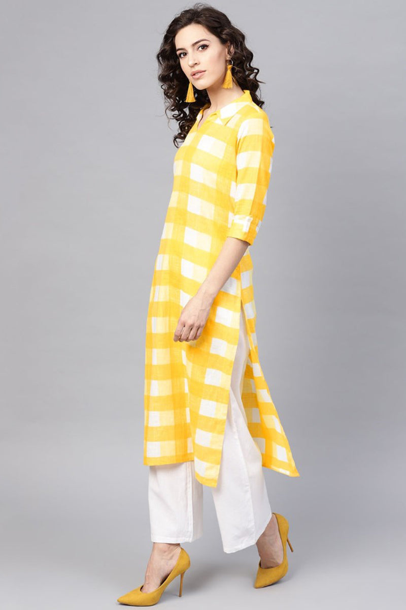   Cotton Fabric Printed Stylish Yellow Color Kurti