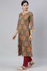  Women Taupe Yellow Floral Printed Kurta with Lace Detail