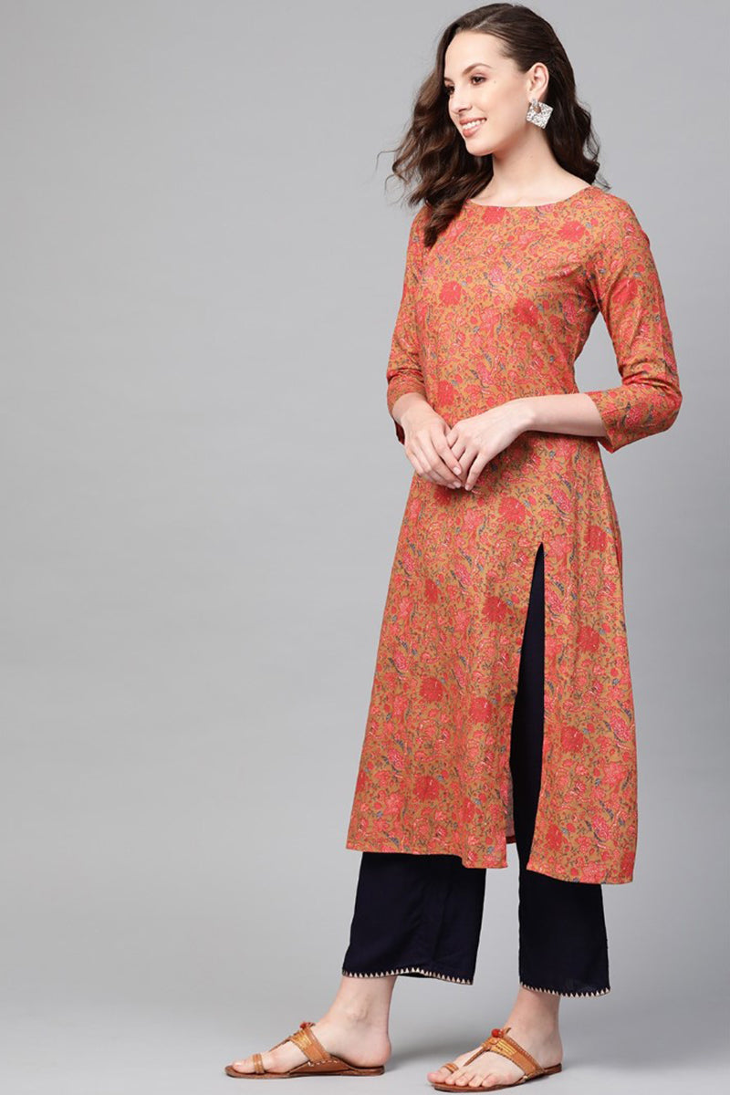   Casual Wear Cotton Fabric Salmon Printed Trendy Kurti