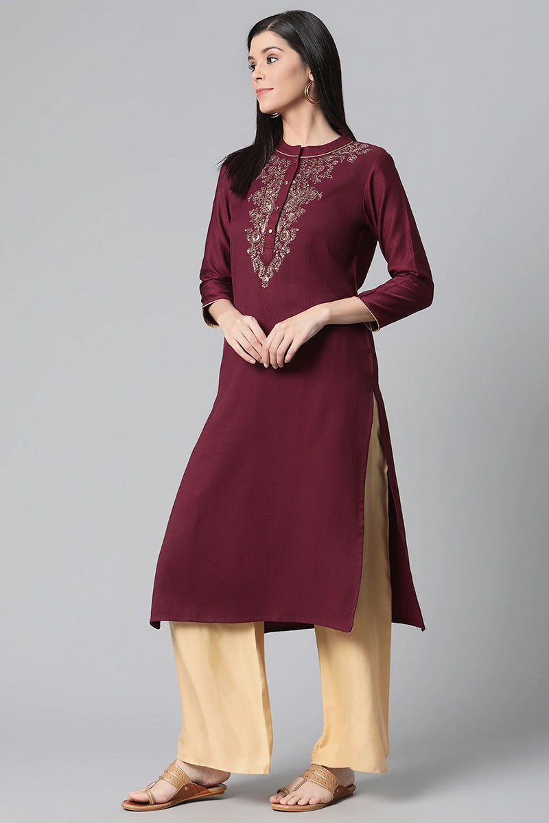   Magenta Yoke Design Embroidered Straight Kurta