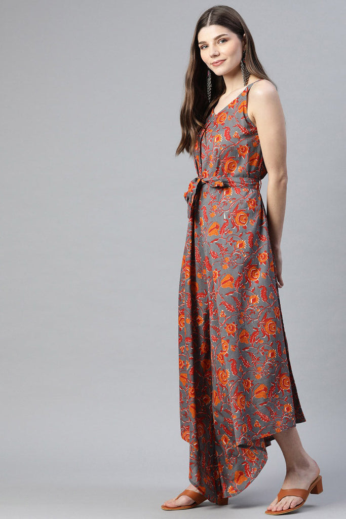  Grey & Orange Ethnic Motifs Printed Cotton Asymmetric Basic Jumpsuit with Belt